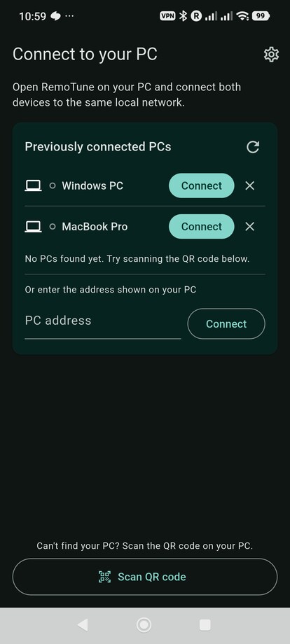 RemoTune's Connect to your PC screen, showing saved computers and QR code connection