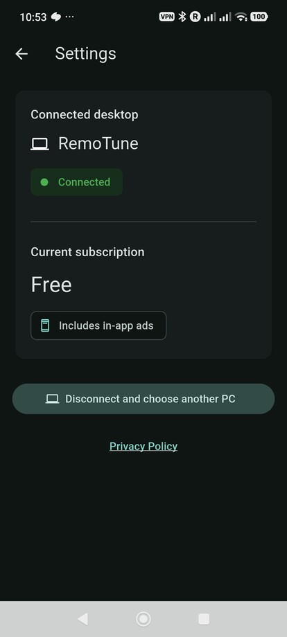 RemoTune settings showing a connected desktop