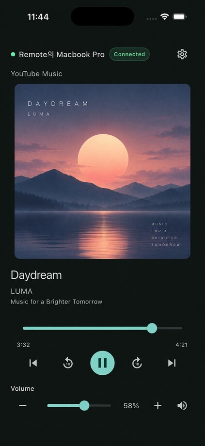 RemoTune remote illustration showing YouTube Music, track details, playback buttons, and volume controls