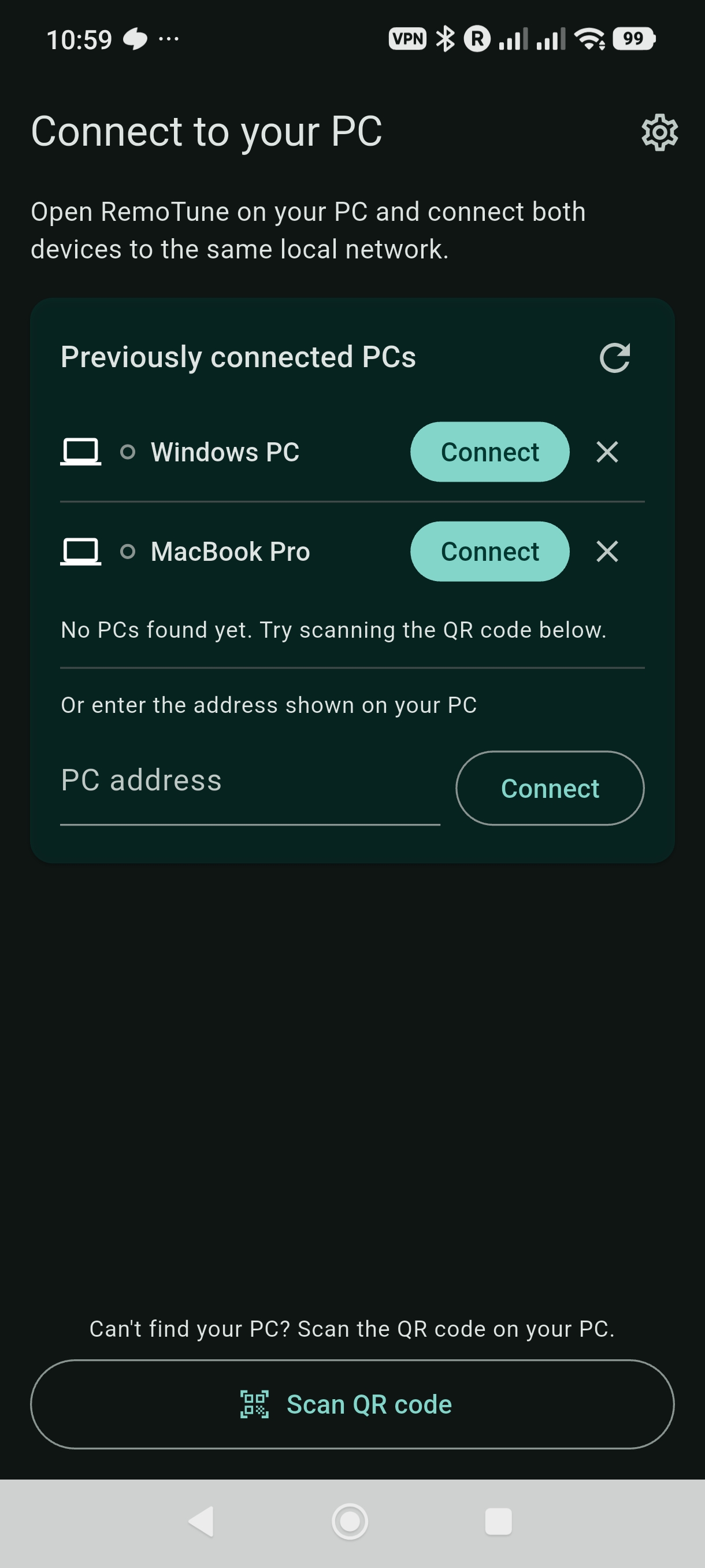 RemoTune connection screen on Android showing a saved MacBook Pro, an address field, and a Scan QR code button