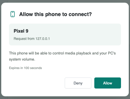 ‘이 휴대폰의 연결을 허용할까요?’라고 묻는 데스크톱 대화상자. 휴대폰 이름은 Pixel 9이고 거부와 허용 버튼이 있습니다.