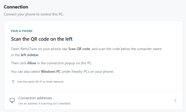 Desktop Connection section with QR instructions and an expandable Connection addresses row.