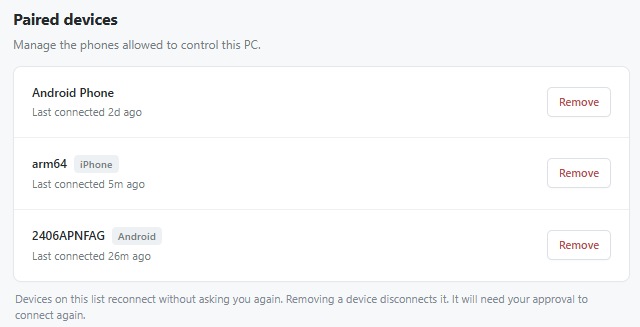 Desktop Paired devices list with a Remove button beside each approved phone.