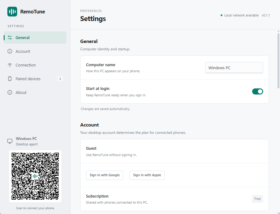 RemoTune desktop settings with Computer name, Start at login, Account, and the connection QR code in the sidebar.