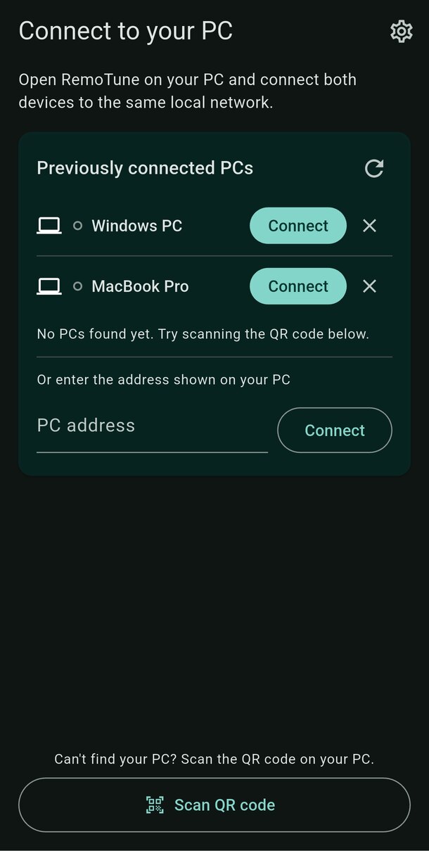Phone connection screen showing saved computers, Connect buttons, the PC address field, and Scan QR code at the bottom.