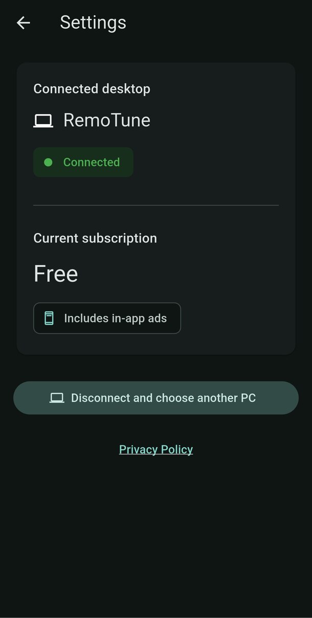 Phone Settings showing Connected desktop, Current subscription, and Disconnect and choose another PC.